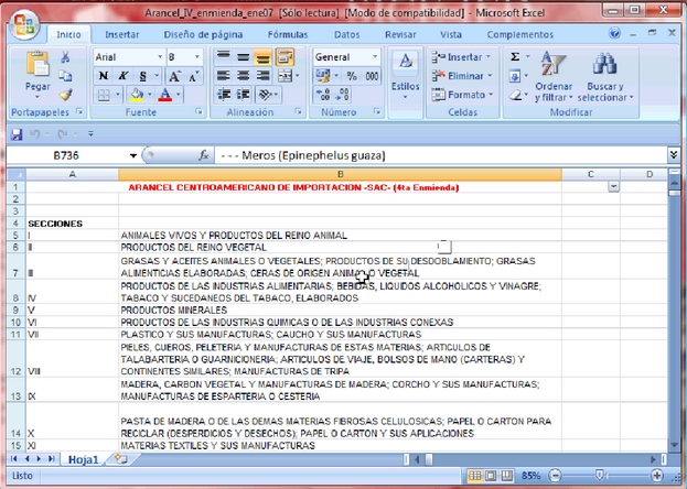 Descarga en archivo de Microsoft Excel el arancel centroamericano (4ta enmienda)